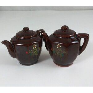 Vintage 1960s Redware Floral Teapot Mini Salt & Pepper Shakers Japan